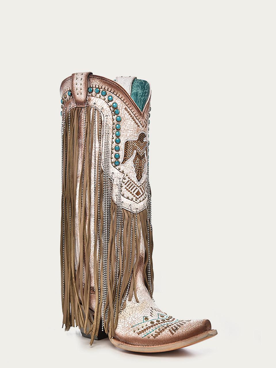 Women's Corral Beige Genuine Leather Boots with Embroidery & Crystals Eagle & Lamb Fringes