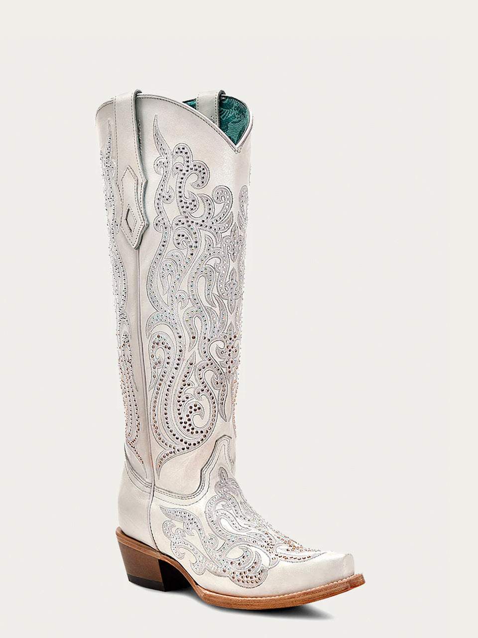 Women's Corral White Genuine Leather Boots with Overlay & Crystals Tall Top