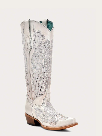 Women's Corral White Genuine Leather Boots with Overlay & Crystals Tall Top