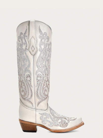 Women's Corral White Genuine Leather Boots with Overlay & Crystals Tall Top