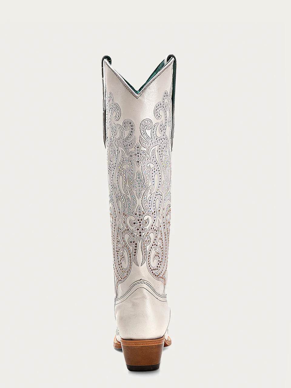 Women's Corral White Genuine Leather Boots with Overlay & Crystals Tall Top