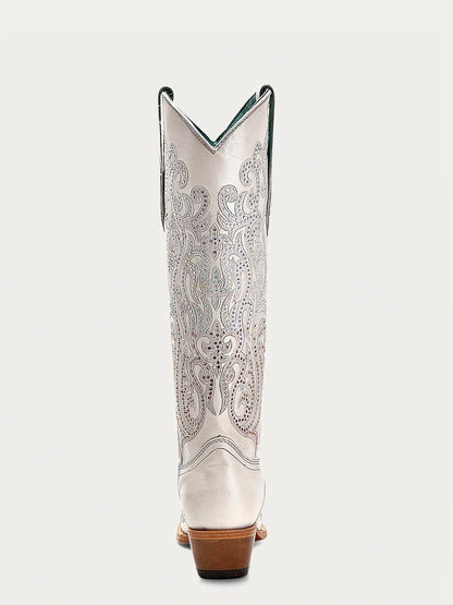 Women's Corral White Genuine Leather Boots with Overlay & Crystals Tall Top