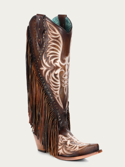 Women's Corral Honey Genuine Eagle Boots with Embroidery & Studs & Fringes Tall Top