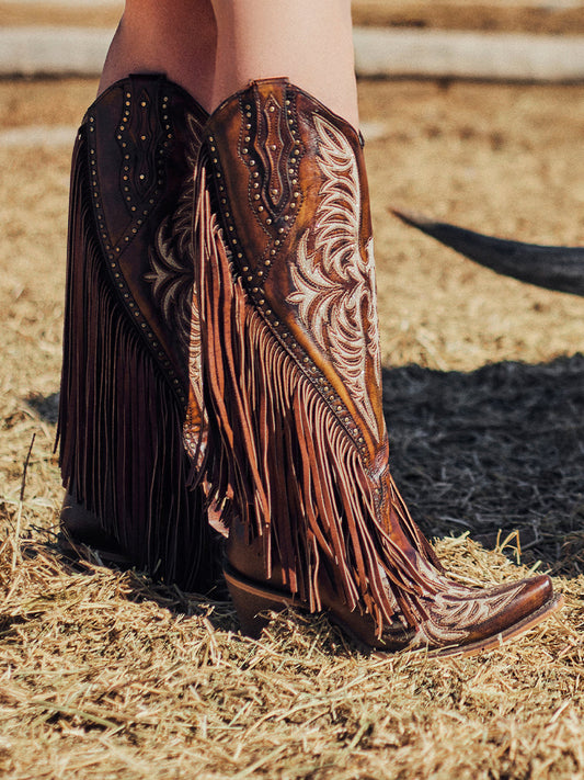 Women's Corral Honey Genuine Eagle Boots with Embroidery & Studs & Fringes Tall Top