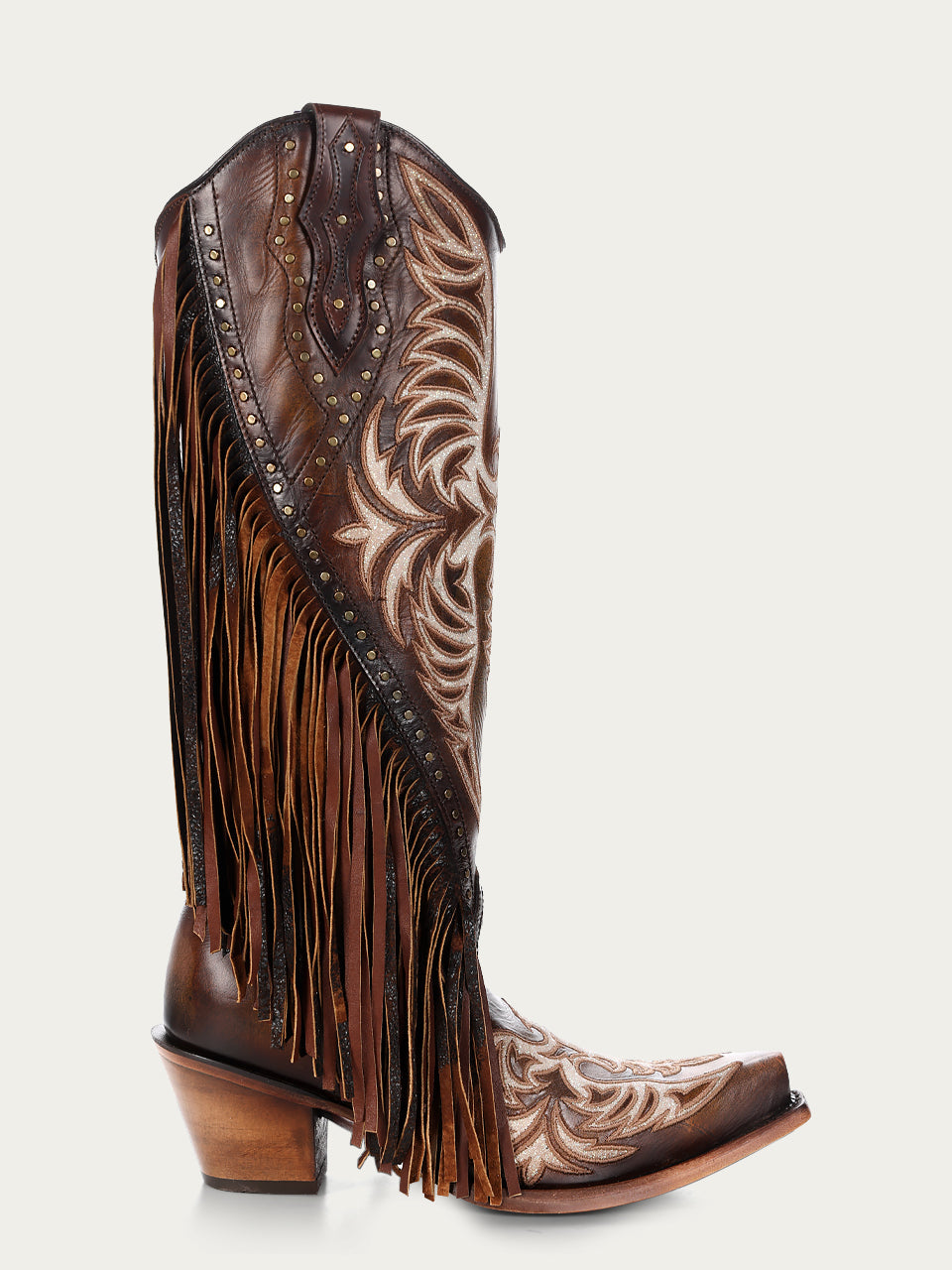 Women's Corral Honey Genuine Eagle Boots with Embroidery & Studs & Fringes Tall Top