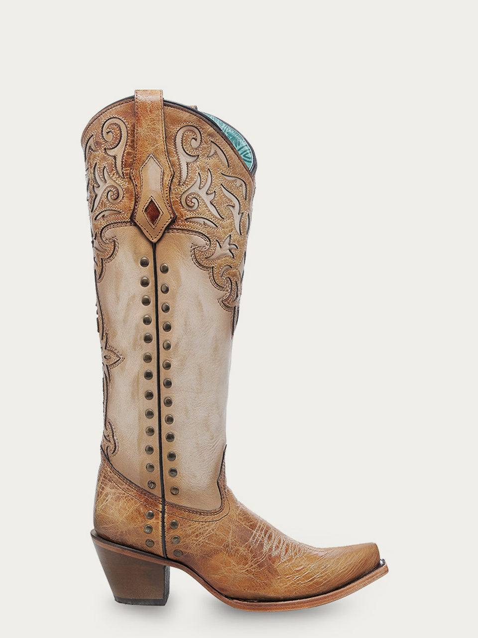 Women's Corral Honey Genuine Leather Boots with Bone Overlay & Embroidery & Studs Tall Top