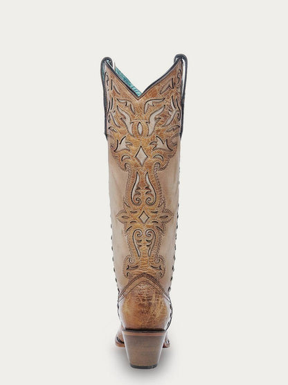 Women's Corral Honey Genuine Leather Boots with Bone Overlay & Embroidery & Studs Tall Top