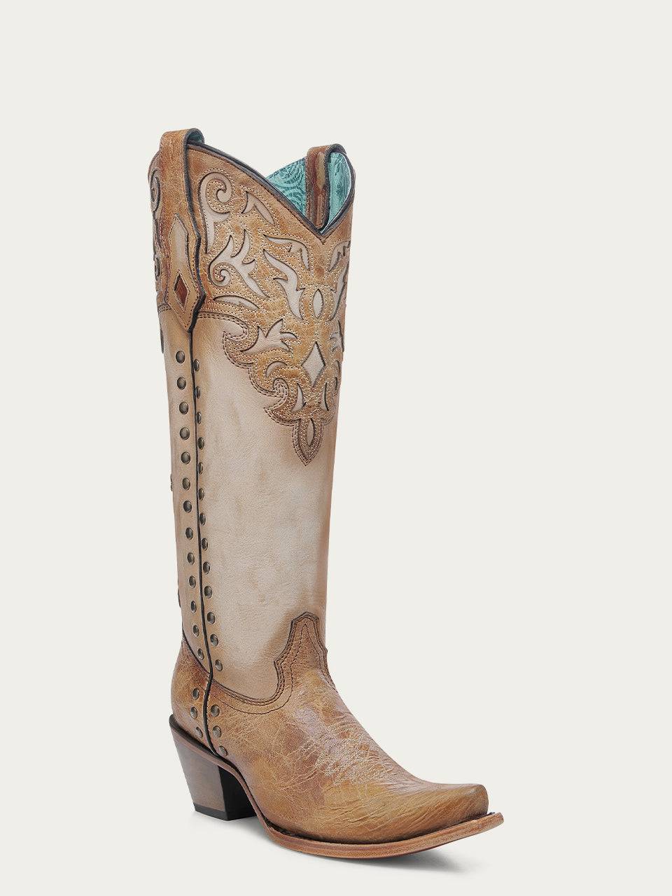 Women's Corral Honey Genuine Leather Boots with Bone Overlay & Embroidery & Studs Tall Top
