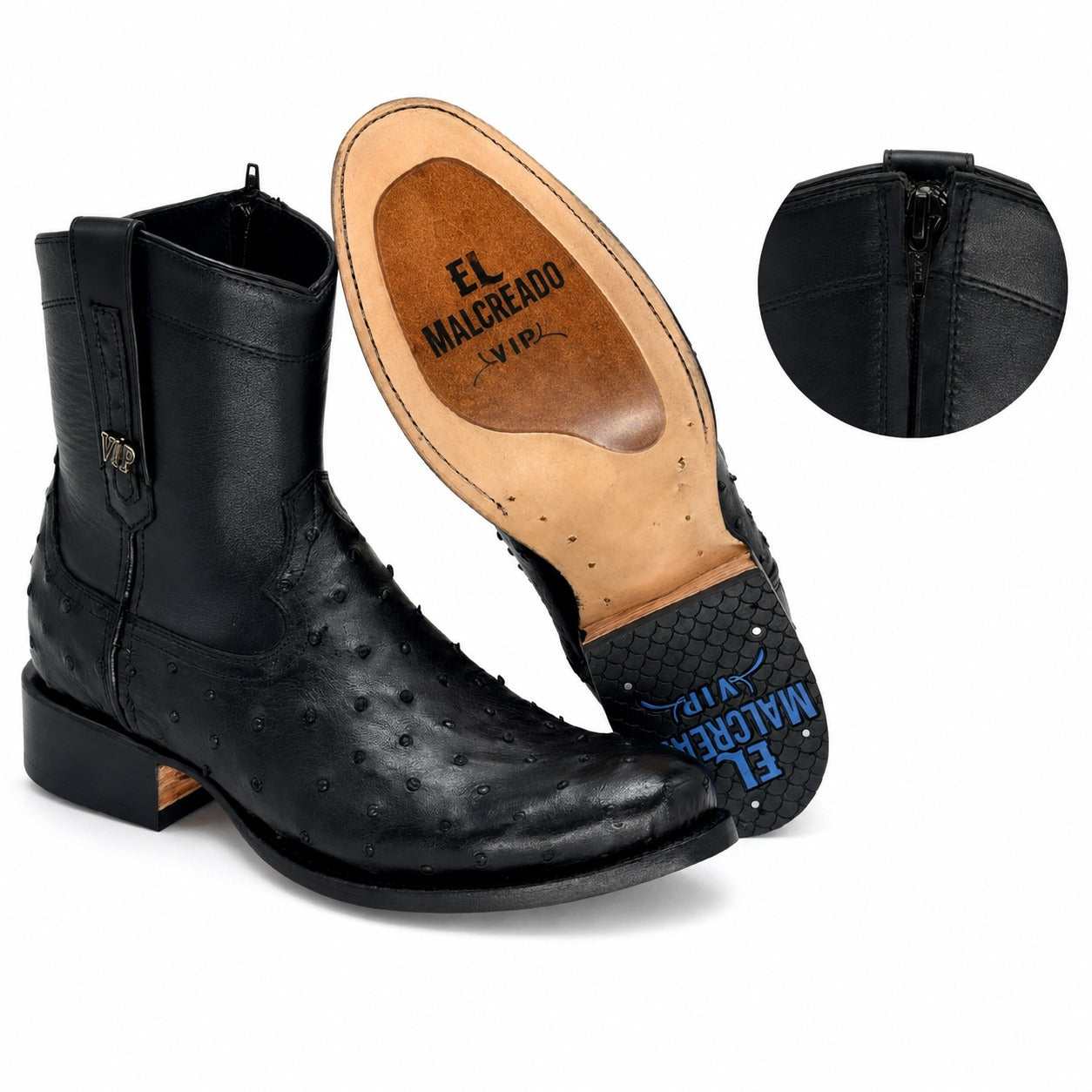 Men's El Malcreado Moy Black Genuine Full Quill Ostrich Botin Boots Handmade
