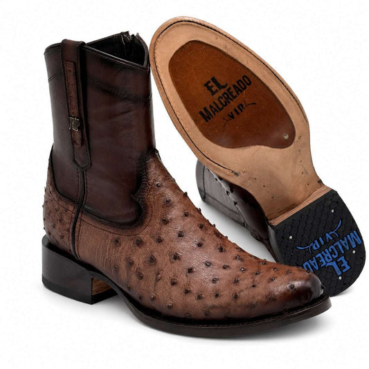 Men's El Malcreado Moy Brown Ostrich Botin Boots handcrafted with genuine full quill ostrich leather and premium materials