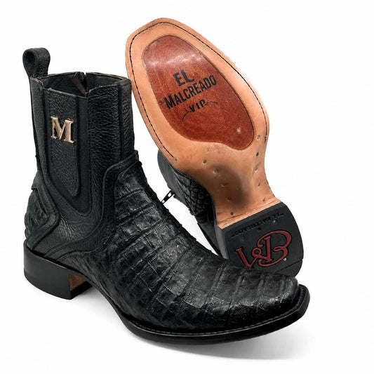 Men's El Malcreado Roy Black Genuine Caiman Belly Botin Boots handmade with exotic leather and premium craftsmanship
