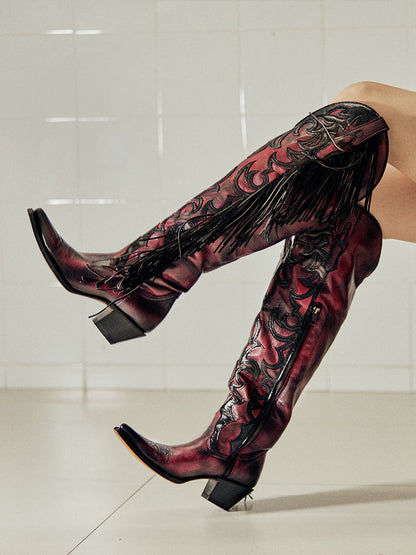 Women's Corral Red Genuine Leather Boots with Overlay & Embroidery & Fringe Tall Top