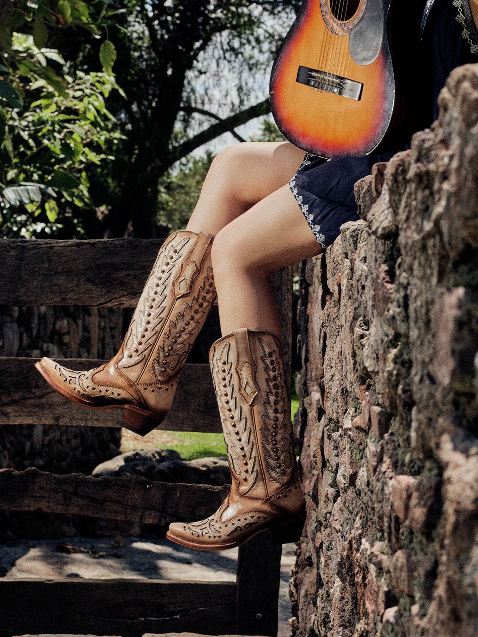 Women's Corral Sand Genuine Leather Boots with Embroidery & Overlay & Studs Wing Tip