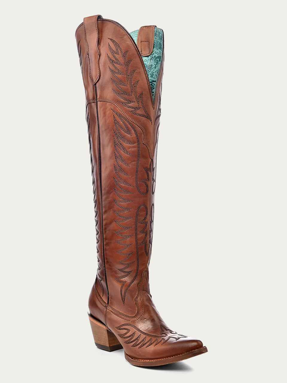 Women's Corral Cognac Genuine Leather Boots with Embroidery Tall Top