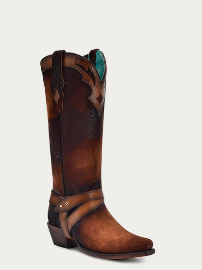 Women's Corral Dark Brown Genuine Lamb Leather Boots with Embroidery & Harness & Overlay