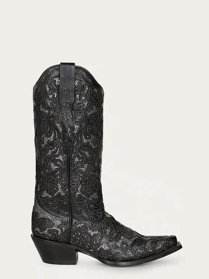 Women's Corral Black Genuine Leather Boots with Silver Full Inlay