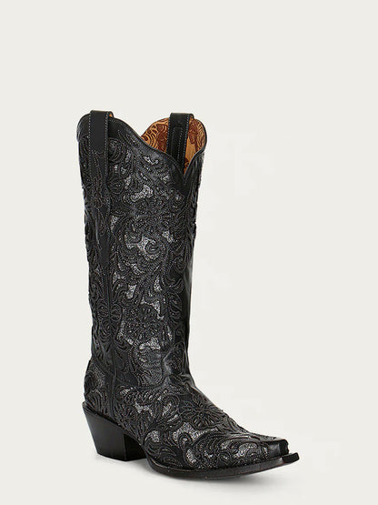 Women's Corral Black Genuine Leather Boots with Silver Full Inlay