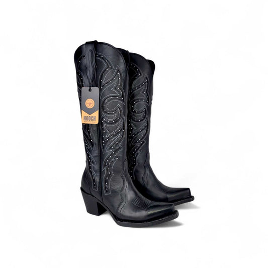 Hooch Boots Womens Snip Toe Tall Western Boot Luna – Black Genuine Leather