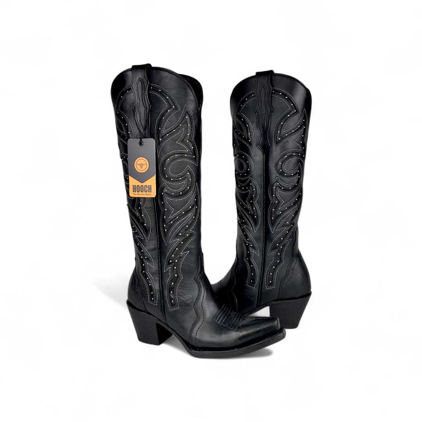 Hooch Boots Womens Snip Toe Tall Western Boot Luna – Black Genuine Leather