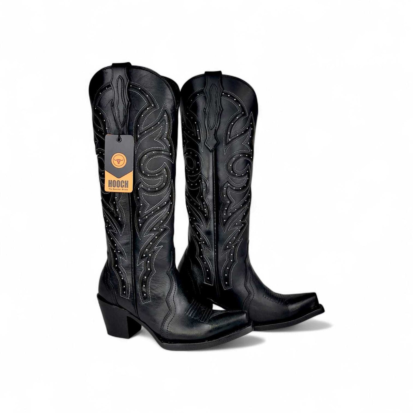 Hooch Boots Womens Snip Toe Tall Western Boot Luna – Black Genuine Leather