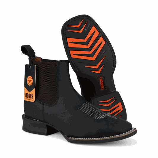 Hooch Boots Mens Wide Square Toe Botin Black – Lightweight Rubber Sole Leather Boots