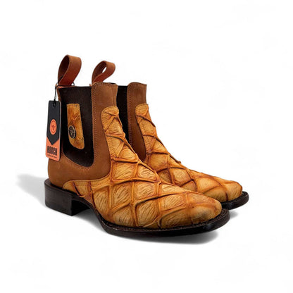 Hooch Boots Mens Honey Exotic Print Western Botin Boots– Embossed Leather Wide Square Toe