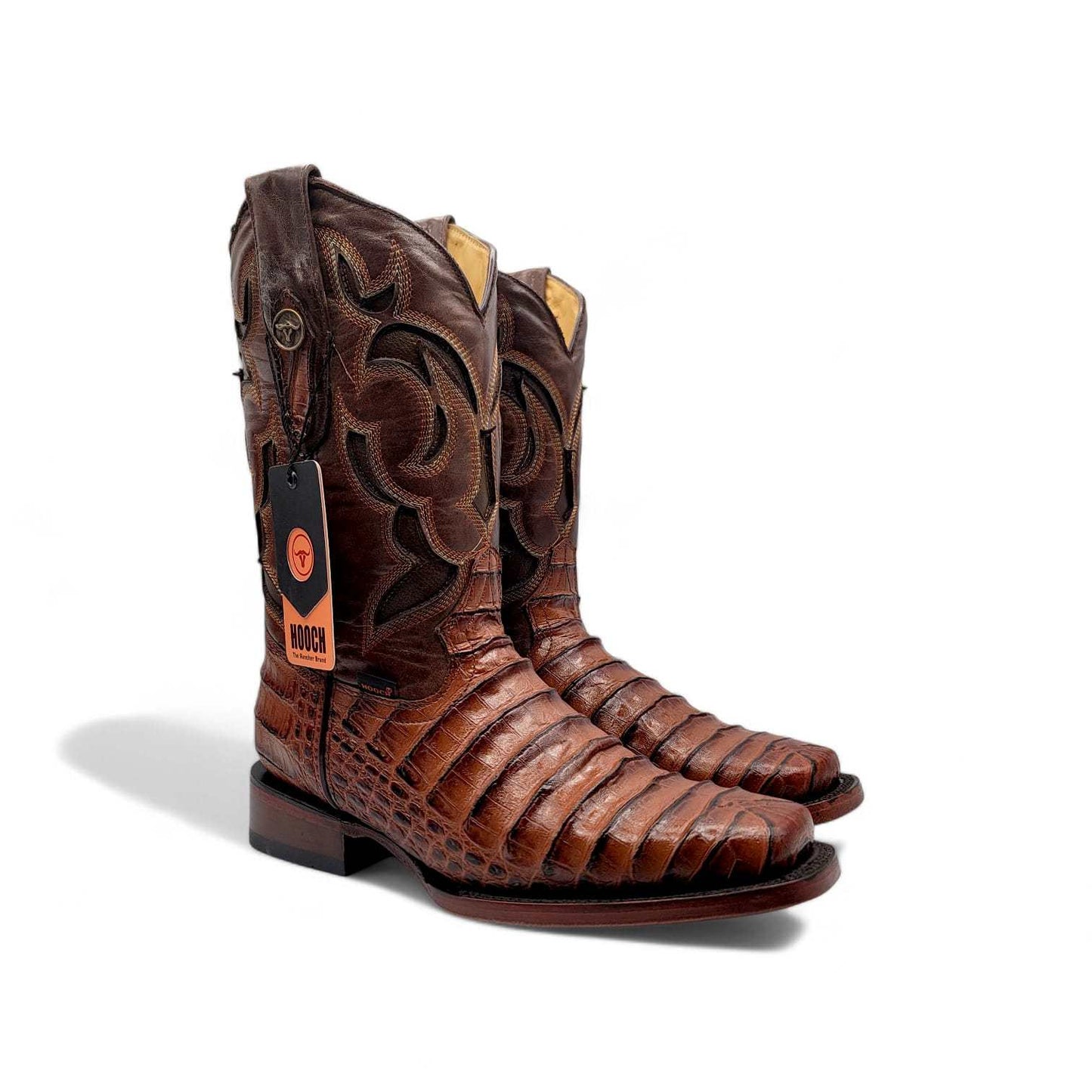 Hooch Boots Mens Caiman Belly Print Boots Cognac – Square Toe Genuine Leather