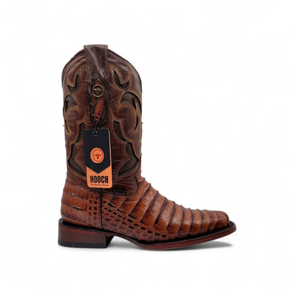 Hooch Boots Mens Caiman Belly Print Boots Cognac – Square Toe Genuine Leather