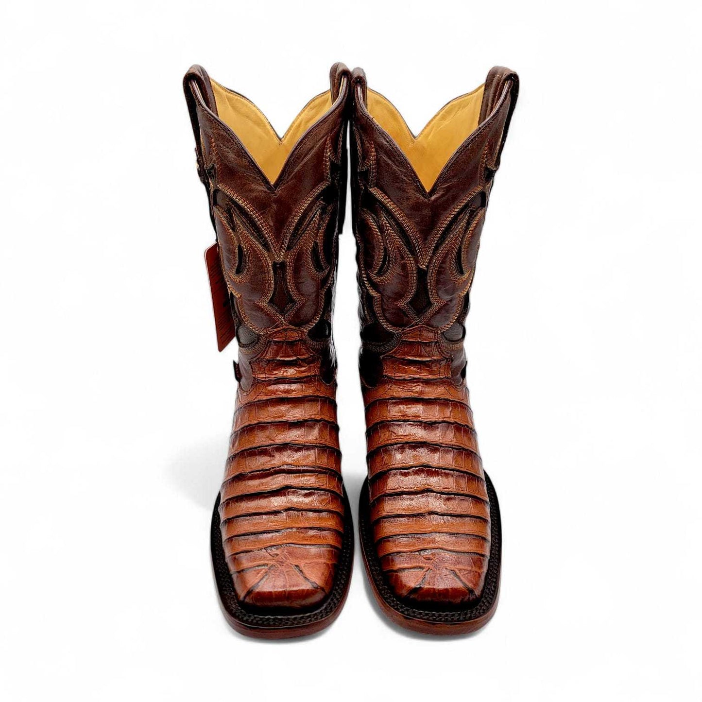 Hooch Boots Mens Caiman Belly Print Boots Cognac – Square Toe Genuine Leather