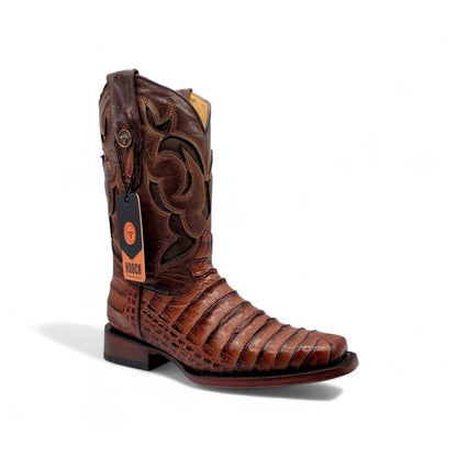 Hooch Boots Mens Caiman Belly Print Boots Cognac – Square Toe Genuine Leather