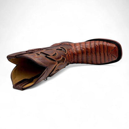 Hooch Boots Mens Caiman Belly Print Boots Cognac – Square Toe Genuine Leather
