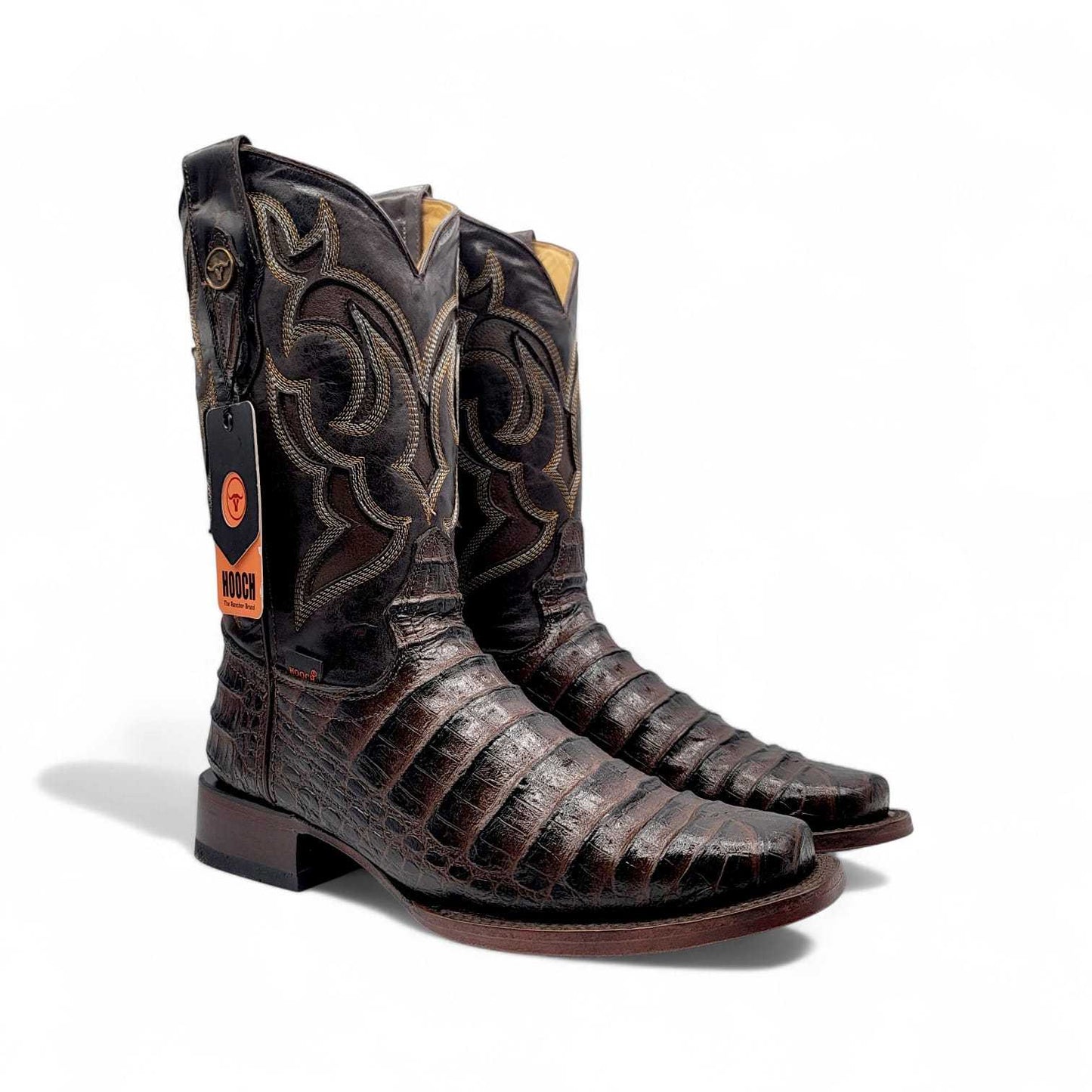 Hooch Boots Mens Caiman Belly Print Boots Chocolate – Square Toe Genuine Leather