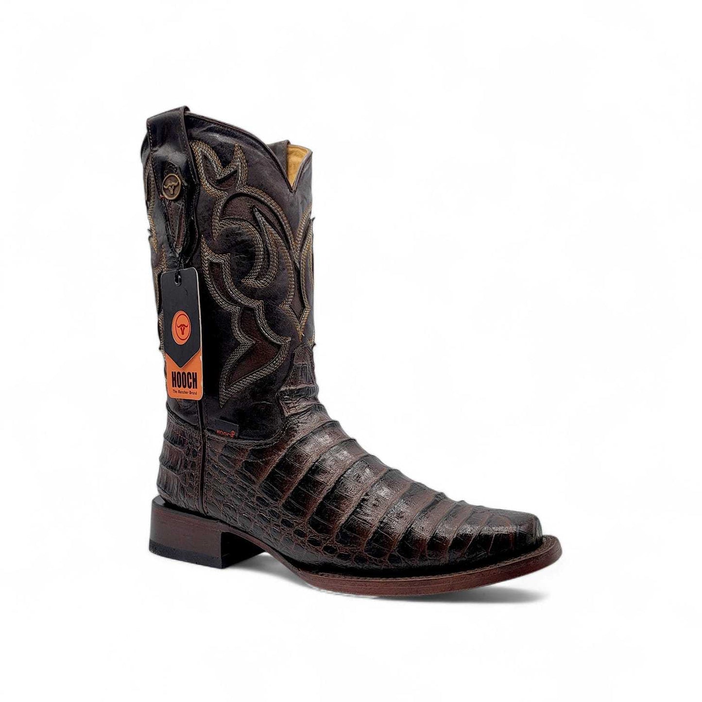 Hooch Boots Mens Caiman Belly Print Boots Chocolate – Square Toe Genuine Leather