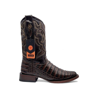 Hooch Boots Mens Caiman Belly Print Boots Chocolate – Square Toe Genuine Leather