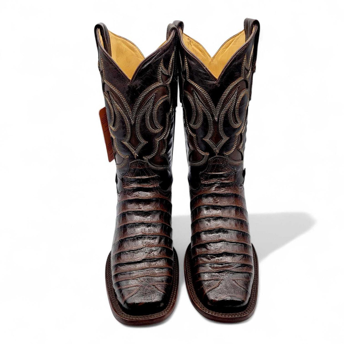 Hooch Boots Mens Caiman Belly Print Boots Chocolate – Square Toe Genuine Leather