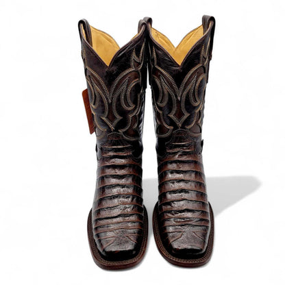 Hooch Boots Mens Caiman Belly Print Boots Chocolate – Square Toe Genuine Leather