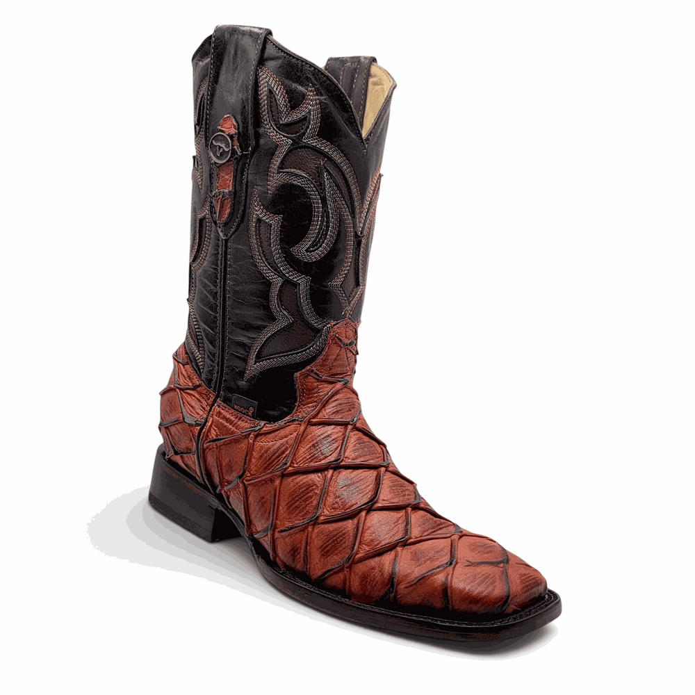 Hooch Boots Mens Pirarucu Print Boot Cognac – Nobuck Leather Square Toe Western Boots