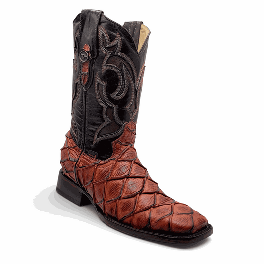 Mens pirarucu print boot Cognac nobuck leather square toe western boot Hooch Boots H52F0372