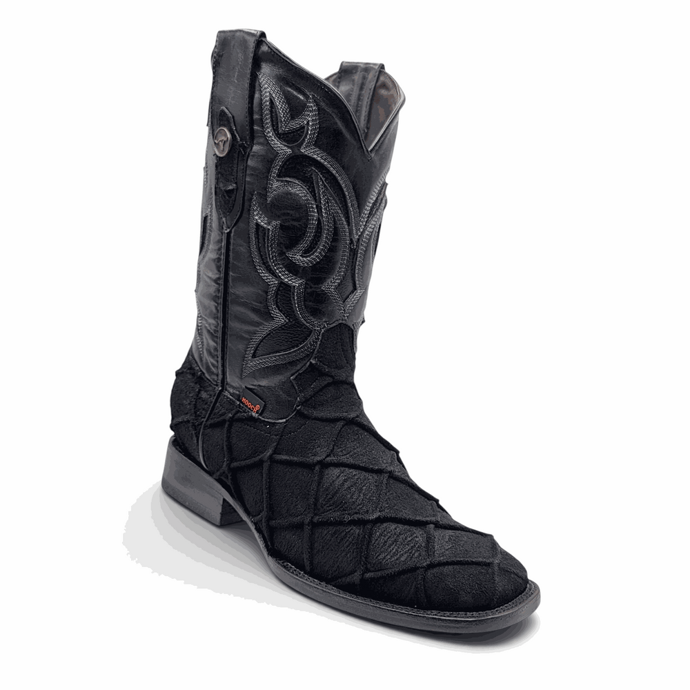 Hooch Boots Mens Pirarucu Print Boot Black – Nobuck Leather Square Toe Western Boots