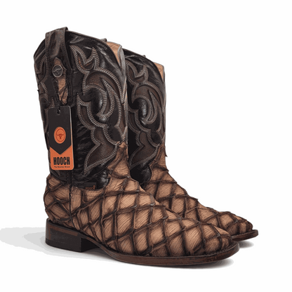 Hooch Boots Mens Pirarucu Print Boot Orix – Nobuck Leather Square Toe Western Boots