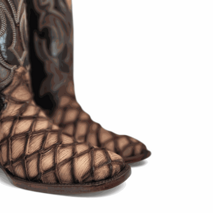 Hooch Boots Mens Pirarucu Print Boot Orix – Nobuck Leather Square Toe Western Boots