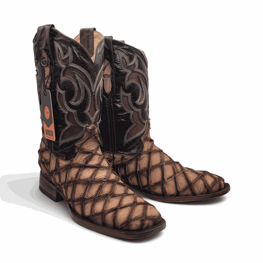 Hooch Boots Mens Pirarucu Print Boot Orix – Nobuck Leather Square Toe Western Boots