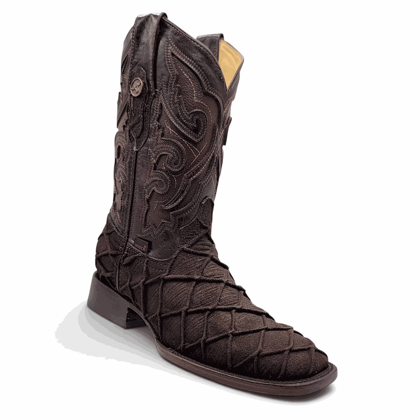 Hooch Boots Mens Pirarucu Print Boot Chocolate – Nobuck Leather Square Toe Western Boots