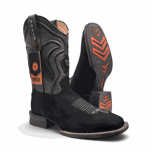 Hooch Boots Mens Square Toe Boot Black Nobuck Leather – Rubber Sole Western Boots