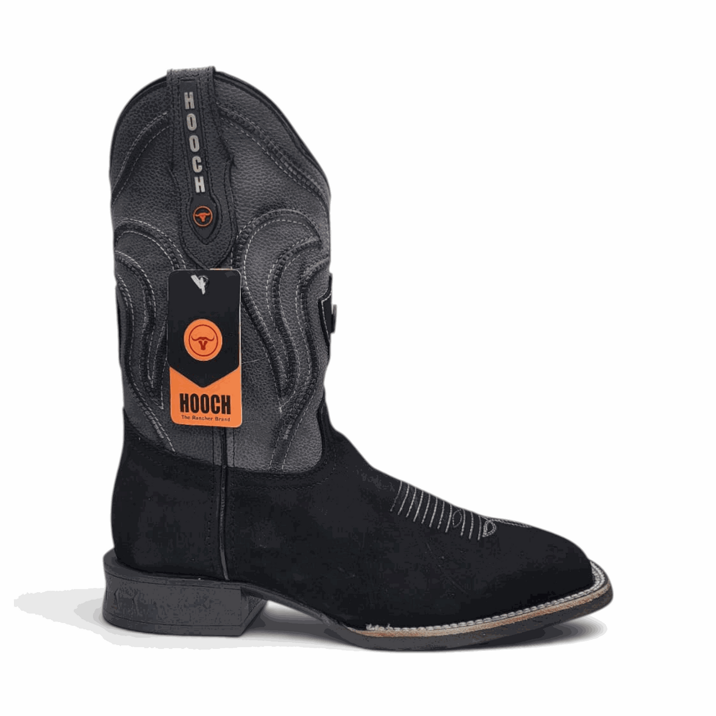 Hooch Boots Mens Square Toe Boot Black Nobuck Leather – Rubber Sole Western Boots