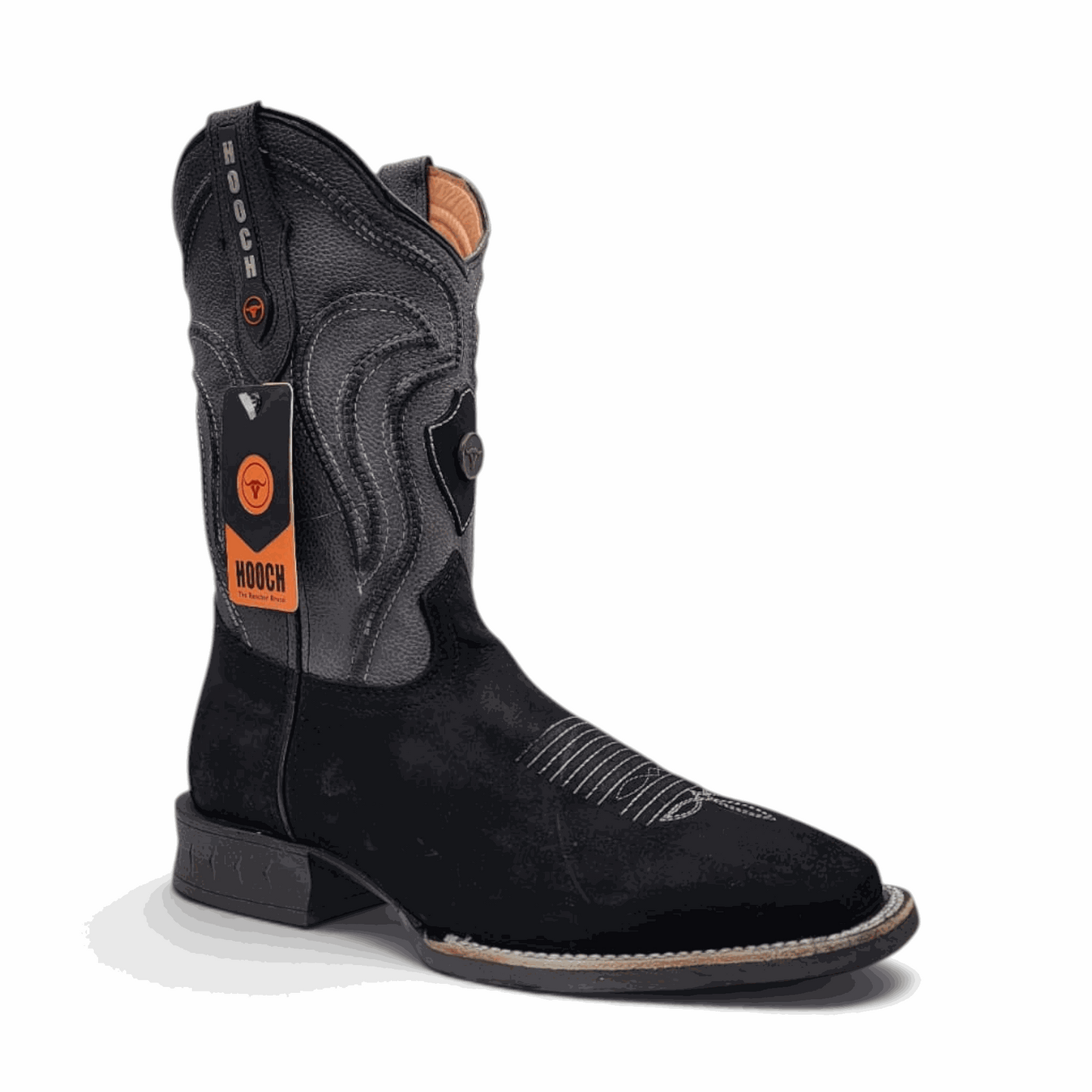 Hooch Boots Mens Square Toe Boot Black Nobuck Leather – Rubber Sole Western Boots