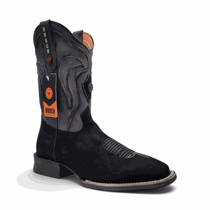 Hooch Boots Mens Square Toe Boot Black Nobuck Leather – Rubber Sole Western Boots