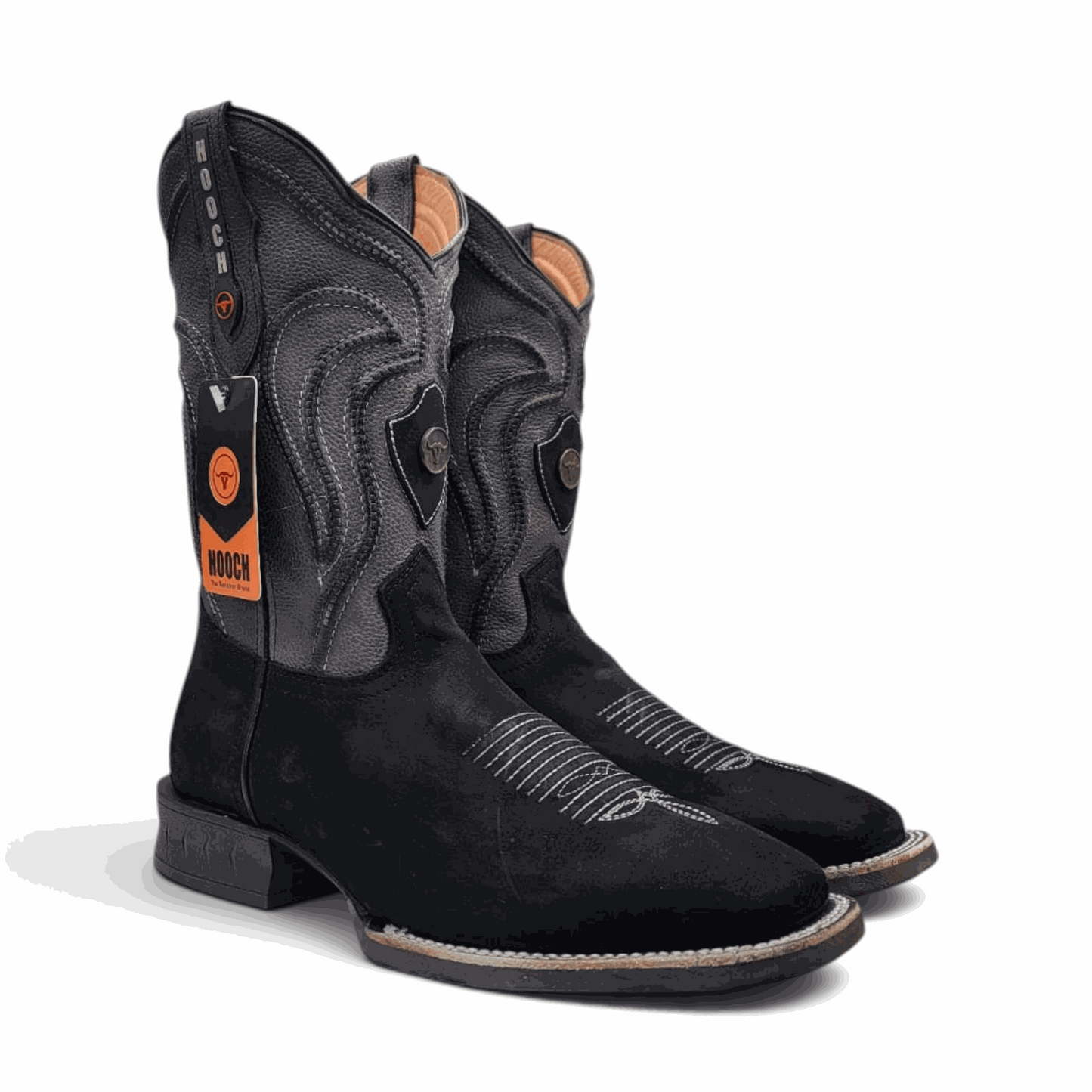 Hooch Boots Mens Square Toe Boot Black Nobuck Leather – Rubber Sole Western Boots