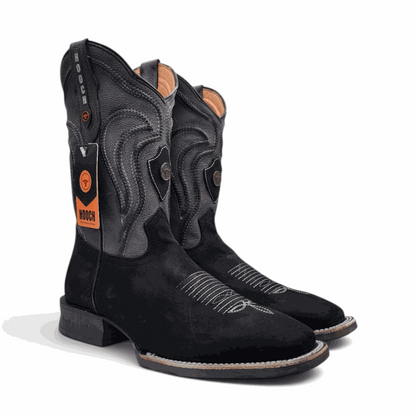 Hooch Boots Mens Square Toe Boot Black Nobuck Leather – Rubber Sole Western Boots