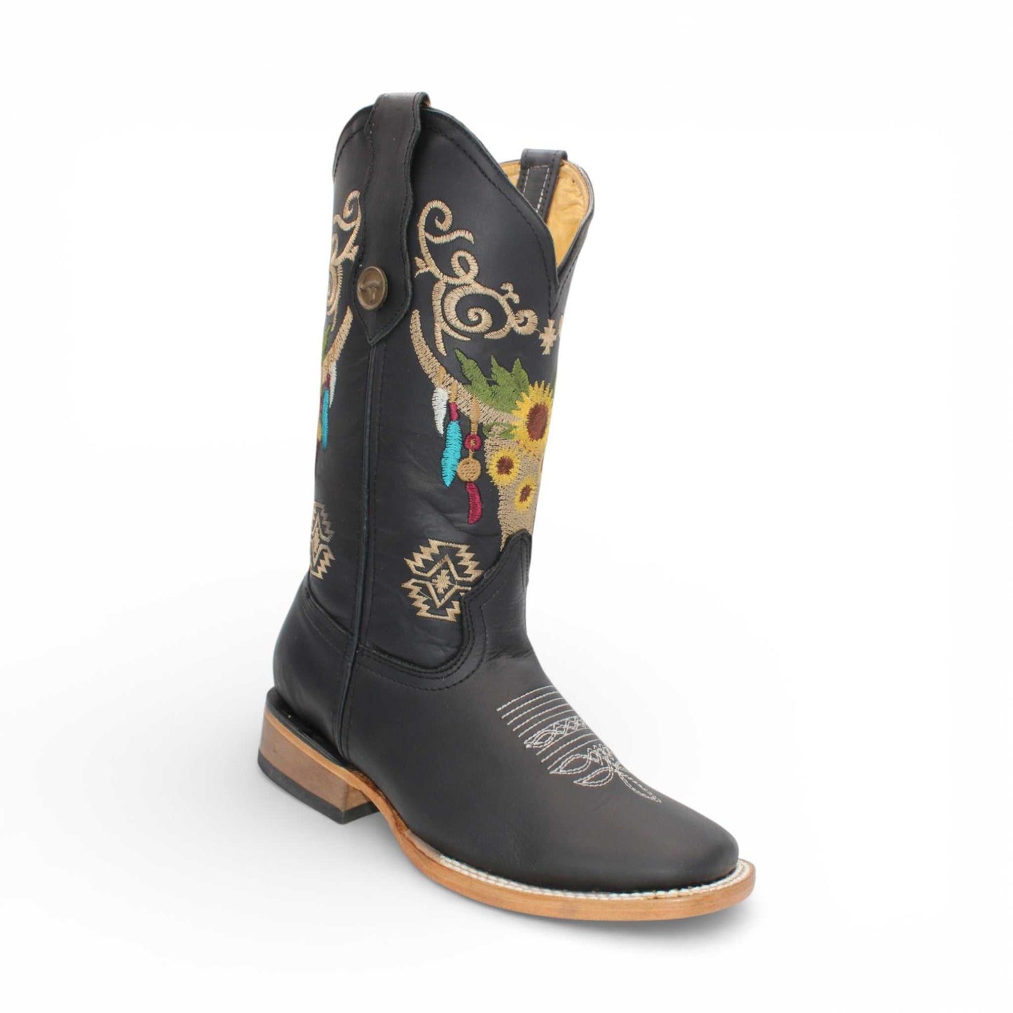 Hooch Boots Womens Wide Square Toe Western Boot Black – Skull Embroidery